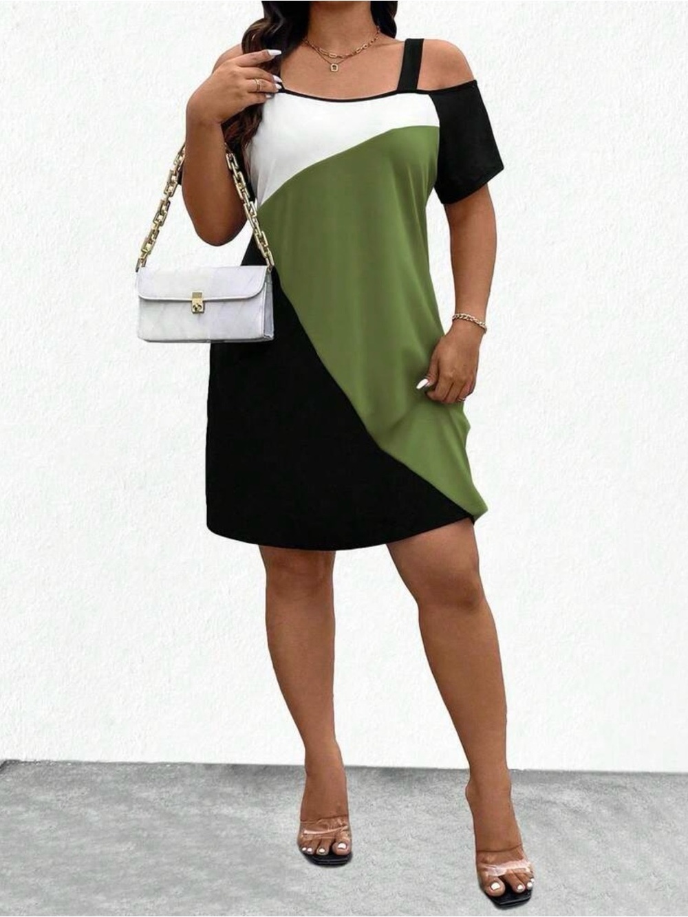 Cold-Shoulder Colorblock Dress in Olive, Black & White